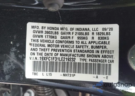 2020 Honda Civic Ex из США, поврежденный, VIN 19XFC1F31LE219232